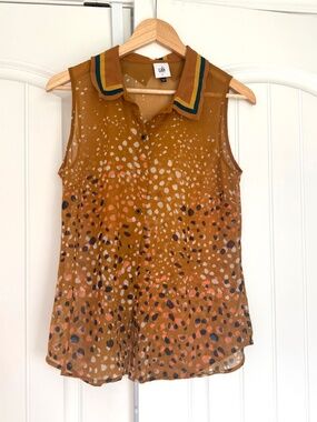 CAbi Cheers Sleeveless Blouse Style #3436 Collared Gold & Blue Size S